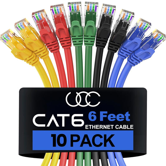 Cat 6 Ethernet Cable 6 FT (10 Pack), Cat6 Patch Cable, High Speed 10Gbps 500Mhz Ethernet Cable Network Cord, RJ45 Lan Internet Cable for Computer Modem Router PS4/5 Xbox -5 Colors
