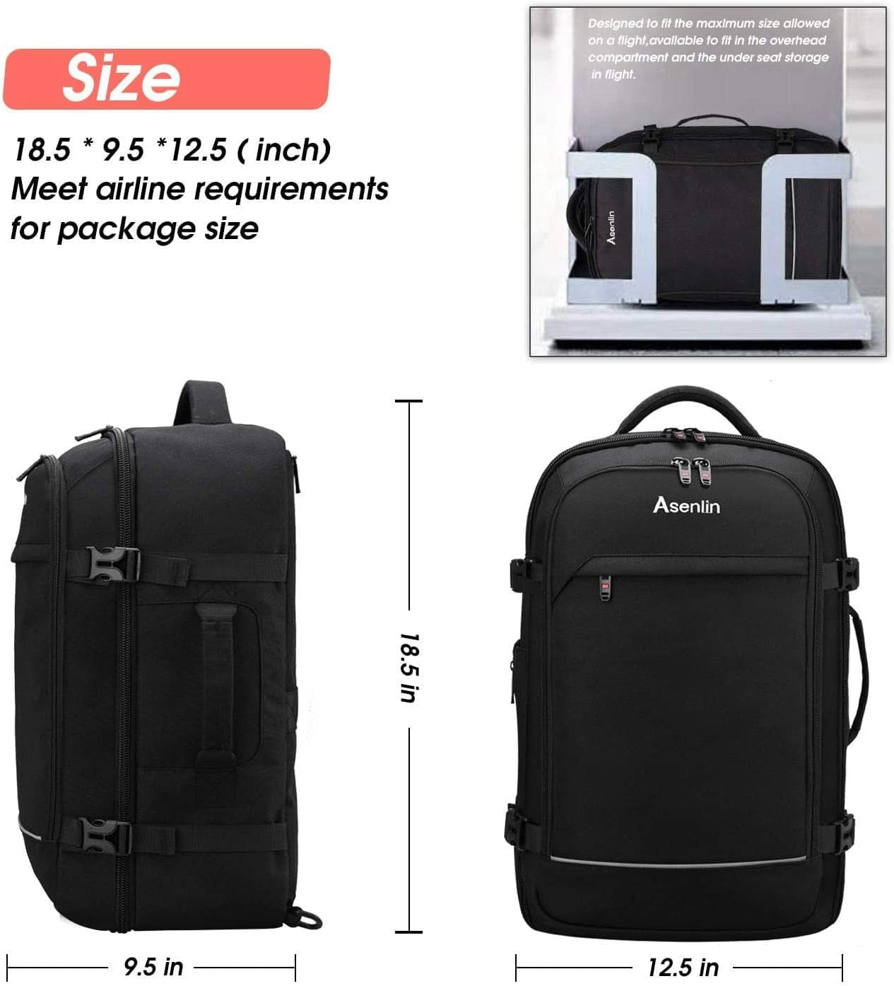 40L Travel Backpack for Women Men，17 Inch Laptop Backpack Flight Approved Luggage Carry on Water Resistant Computer Backpack for Weekender Overnight Large Daypack Black