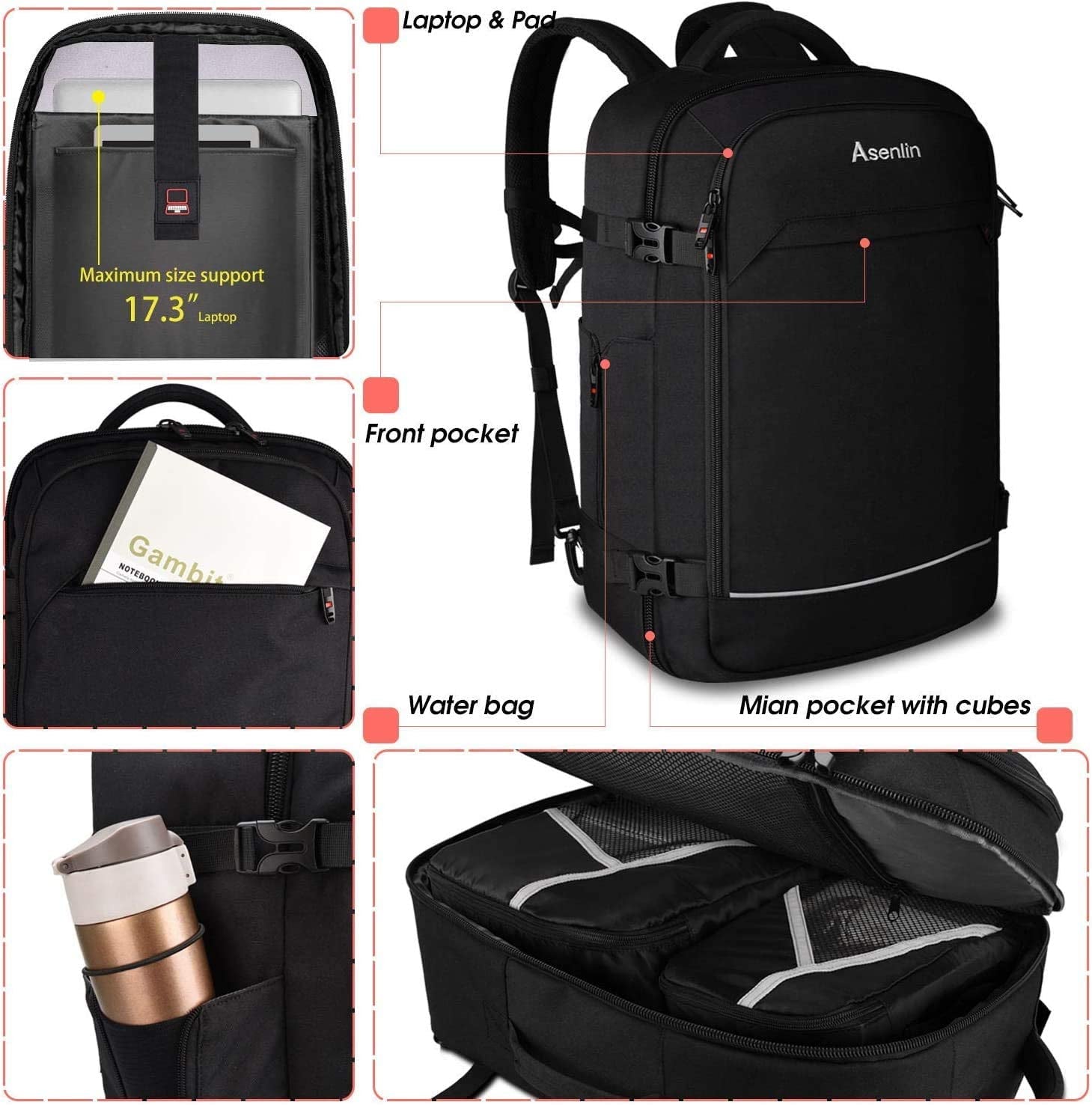 40L Travel Backpack for Women Men，17 Inch Laptop Backpack Flight Approved Luggage Carry on Water Resistant Computer Backpack for Weekender Overnight Large Daypack Black
